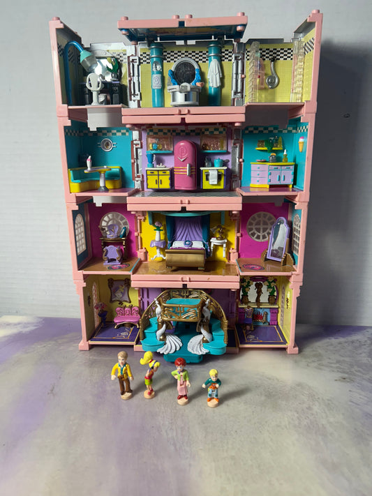 Polly Pocket Vintage 1999 Dream Builder Mansion 4 Level Playset Bluebird with 4 figures,